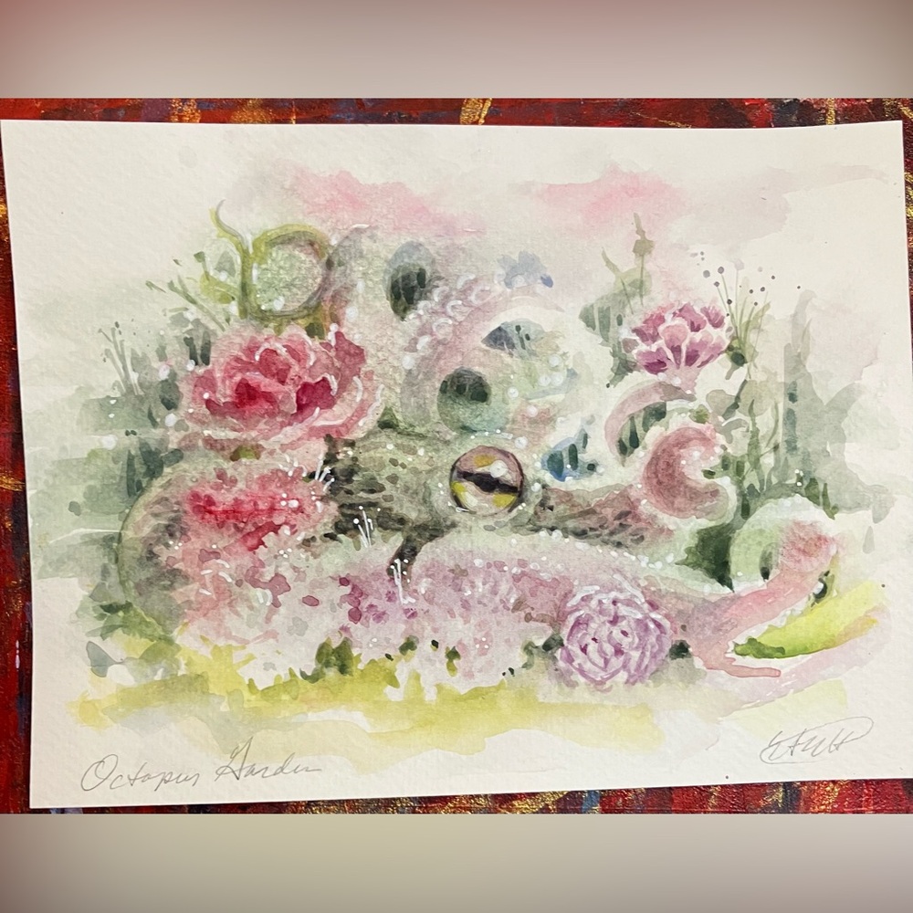 Original Octopus painting Watercolor floral ocean flower art gift artwork USA
